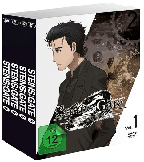 "Steins;Gate", Vol. 1, FSK ab 12, Illustration eines nachdenklichen Mannes mit Zahnrädern im Hintergrund.