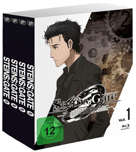 Box mit der Aufschrift "Steins;Gate Vol. 1", FSK 12, zeigt einen Mann in dunkler Kleidung vor Zahnrädern.