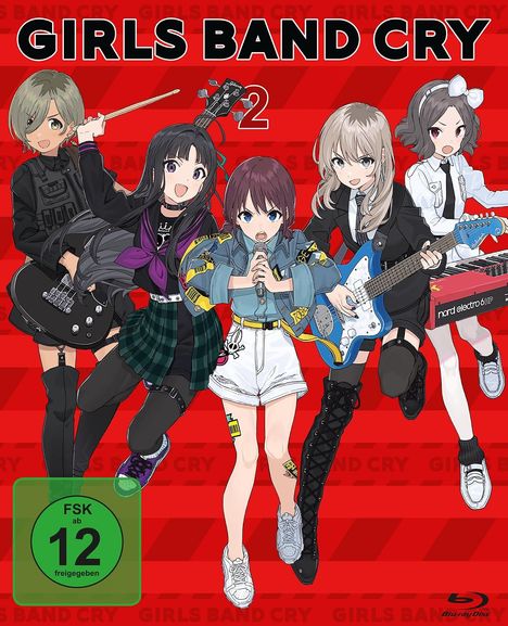 "GIRLS BAND CRY", "2", "FSK ab 12 freigegeben". Illustration: Fünf animierte Mädchen in Band-Outfits mit Instrumenten vor rotem Hintergrund.