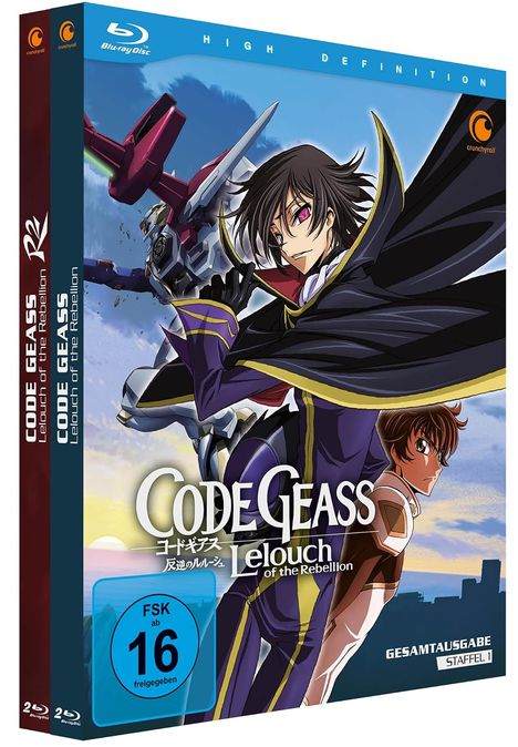 „CODE GEASS Lelouch of the Rebellion“, FSK 16, Blu-ray, Charaktere im Anime-Stil vor einem Roboter und Himmel.