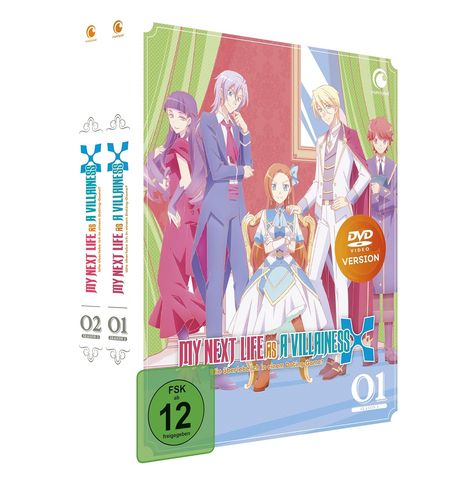 DVD-Version von "My Next Life as a Villainess", Staffel 1. Illustration von Anime-Charakteren in stilvoller Kleidung. FSK 12.