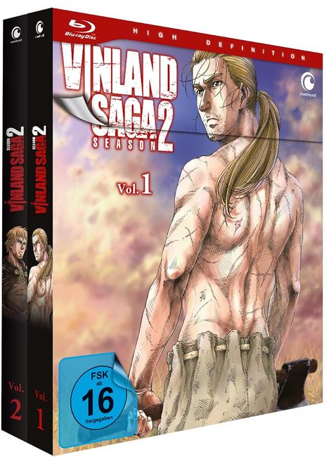 "VINLAND SAGA SEASON 2 Vol. 1" steht auf der Box. Ein muskulöser Mann mit langem Haar schaut über die Schulter.