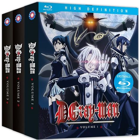 Text: "D.Gray-man", "VOLUME 1", "ERSTMALS auf Blu-ray Disc", "VOLUME 2", "VOLUME 3". Anime-Charaktere mit einem Roboter im Hintergrund.