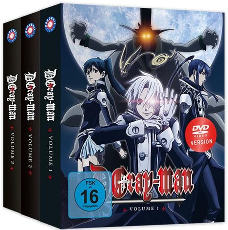 „D.Gray-man Volume 1“ in roter Schrift. Drei Volumes in einem Set. Anime-Figuren und ein großer Schatten im Hintergrund. FSK 16.