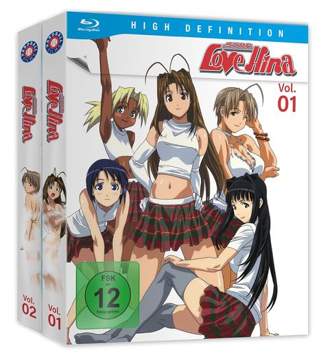 „Love Hina Vol. 01“, fünf Manga-Charaktere in Schuluniformen, FSK 12 Freigabe, blaue Blu-ray-Hülle.