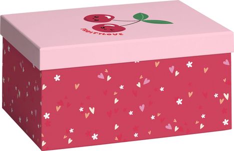 Schriftzug "Fruitylove" unter lächelnden Kirschen. Rosa Deckel, roter Korpus mit Herz- und Blumenmotiven.