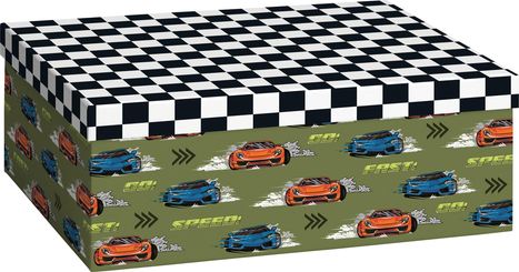 Texte: "GO!", "FAST!", "SPEED!". Illustration mit Rennautos auf grünem Hintergrund und karierten Mustern oben.