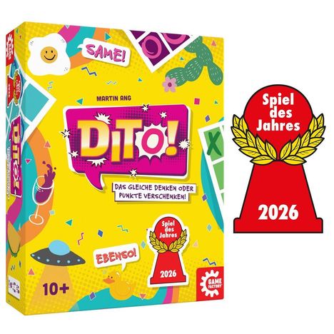 "Dito! Das gleiche denken oder Punkte verschenken! Spiel des Jahres 2026. Bunte Verpackung mit fröhlichem Design."