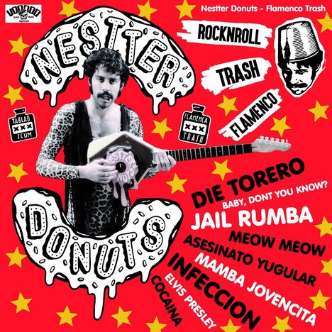 Texte: "Nestter Donuts", "Flamenco Trash", "Rocknroll", "Trash", "Die Torero", "Jail Rumba", "Meow Meow". Illustration: Mann mit Gitarre.