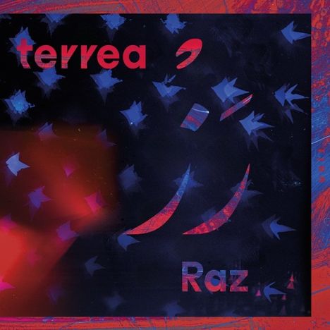 "Terrea" und "Raz" auf dunklem Hintergrund, überlagert von blauen und roten abstrakten Zeichen und Mustern.