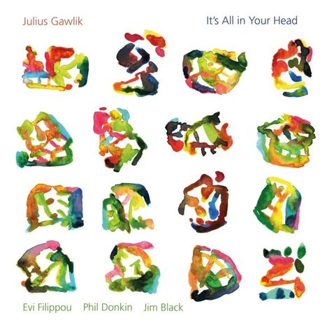 "Julius Gawlik", "It's All in Your Head", "Evi Filippou", "Phil Donkin", "Jim Black". Bunte, abstrakte Aquarell-Illustrationen.
