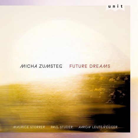 „MICHA ZUMSTEG FUTURE DREAMS“. Unten: Maurice Storrer, Paul Studer, Aaron Leutenegger. Oben rechts: „unit“. Verschwommene Landschaft.