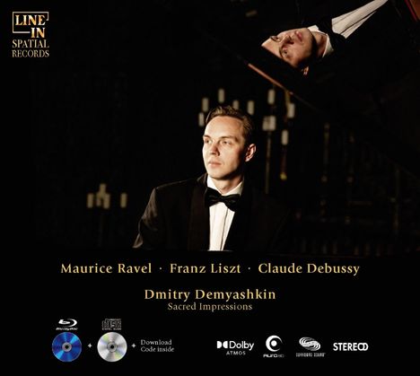 Text: Maurice Ravel, Franz Liszt, Claude Debussy, Dmitry Demyashkin. Unter einem Piano-Spiegel: Ein Mann im Anzug.