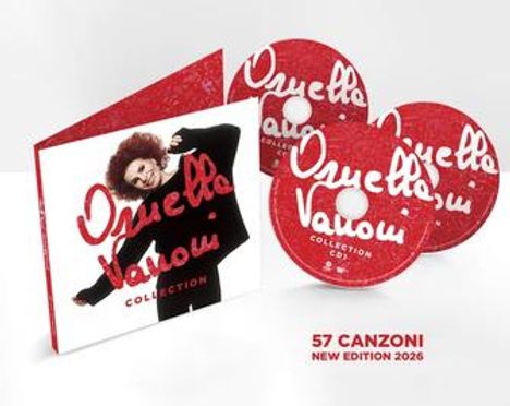 "57 CANZONI NEW EDITION 2026". Drei rote CDs und eine Hülle mit einer fröhlichen Frau und dem Namen der Künstlerin.
