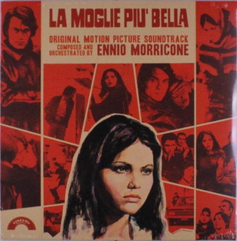 Titel: "LA MOGLIE PIU' BELLA". Soundtrack von Ennio Morricone. Illustration: Frau mit schwarzem Haar im Vordergrund, rote Töne.