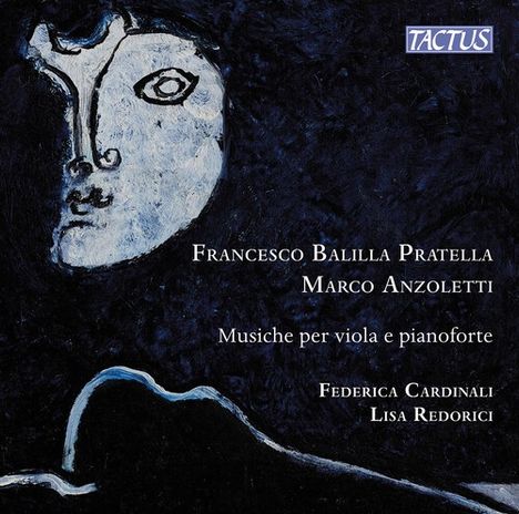 Text: "Francesco Balilla Pratella, Marco Anzoletti, Musiche per viola e pianoforte, Federica Cardinali, Lisa Redorici."  
Illustration: Ein Gesicht in Blau- und Weißtönen.