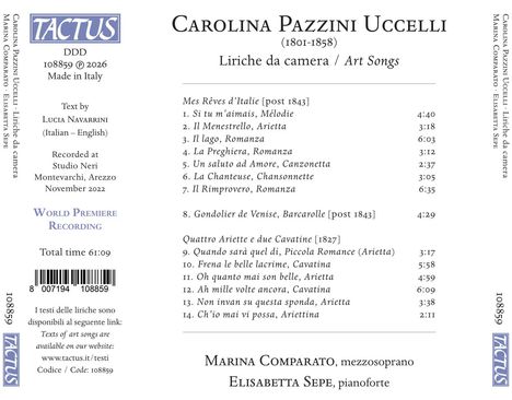 Das Cover zeigt Nummern und Titel von Liedern der Komponistin Uccelli. Links TACTUS-Logo. Performe: Comparato, Sepe.
