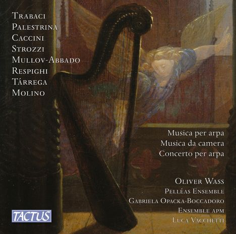Trabaci, Palestrina, Caccini, Strozzi. Ein Engel spielt Harfe, es ist eine klassische, mystische Illustration.
