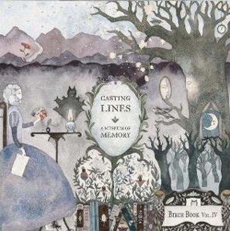 CASTING LINES A SCHEMATA OF MEMORY. Birch Book Vol. IV. Märchenhafte Illustration mit Bäumen, Bergen und einer Person.