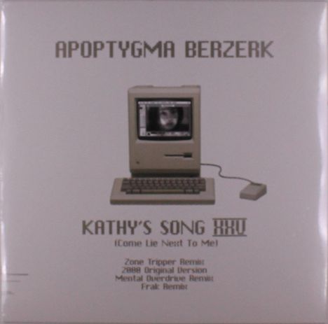 Auf einer Oberfläche steht ein Retro-Computer. Die Texte: "Apoptygma Berzerk", "Kathy's Song". Darunter Remixe und Versionen.