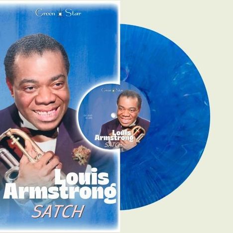 Text: "Green Star", "Louis Armstrong", "Satch". Eine Schallplatte in blau mit einem Porträt von Louis Armstrong.