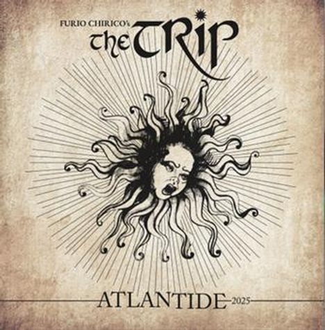 Text: "Furio Chirico’s the Trip, Atlantide 2025". Illustration: Ein Gesicht in der Mitte von Strahlen und welligen Linien.