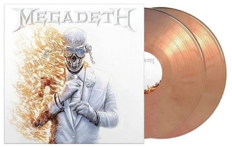 Text: "MEGADETH". Ein Skelett im Anzug, umgeben von Flammen, trägt eine futuristische Brille. Drei goldene Schallplatten.