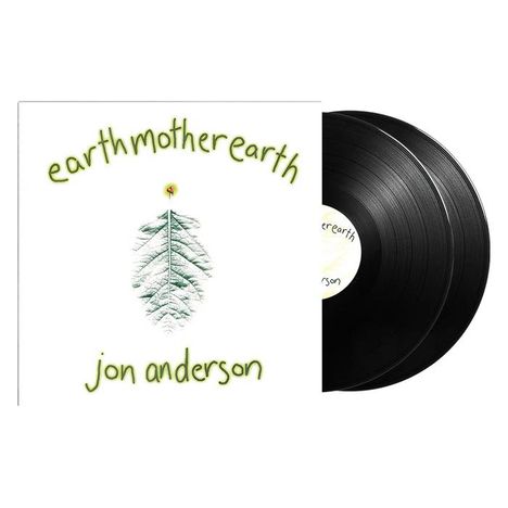 "earthmotherearth" und "jon anderson" stehen auf einem Albumcover mit einem zentralen Blatt. Zwei Schallplatten rechts.