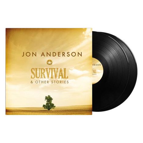 Text: "Jon Anderson, Survival & Other Stories." Albumcover mit einem Baum in einer weitläufigen Landschaft, dazu eine Schallplatte.