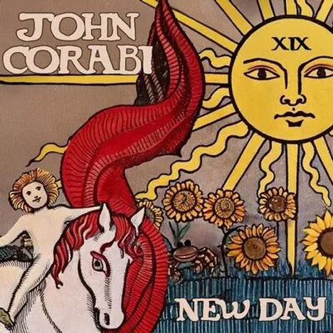 "JOHN CORABI" und "NEW DAY", Illustration: Sonne mit Gesicht, Sonnenblumen, Pferd mit Reiter, rote Mähne.