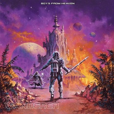 "BOYS FROM HEAVEN" und "THE WANDERER" über Sci-Fi-Szene: Zwei Krieger vor futuristischem Palast, Planeten im Hintergrund.