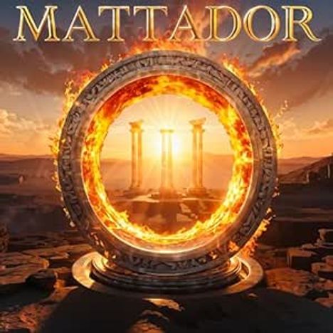 Der Text lautet "MATTADOR". Eine flammende Steinscheibe, durch die Sonnenstrahlen auf antike Säulen scheinen.