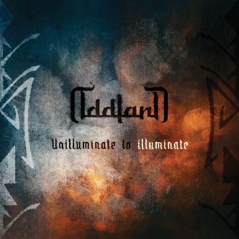 „Unilluminate to illuminate“. Dunkel gehaltene, abstrakte Illustration mit blauen und orangefarbenen Akzenten.
