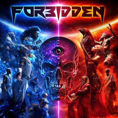 Text: "FORBIDDEN". In der Mitte ein leuchtender Schädel mit elektronischem Auge, umgeben von blauen und roten Figuren.