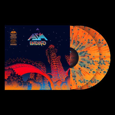 Text: "Asia Indigo". Illustration mit leuchtend roten und blauen Pflanzenformen, zwei orange-blau gesprenkelte Schallplatten.