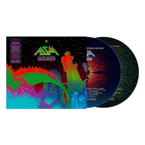 Text: "ASIA INDIGO, Powers Portal Whitley Deluxe Edition." Bunte, psychedelische Landschaft mit Pflanzen und Sternenhimmel.