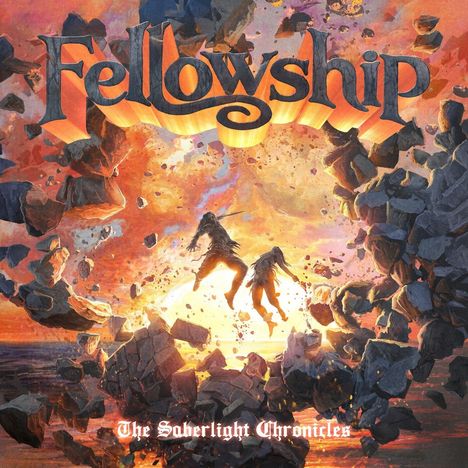 "Fellowship", "The Saberlight Chronicles"; Illustration von zwei Personen, die in einer fliegenden, zerbrochenen Welt schweben.