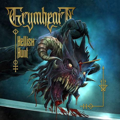 „Grymheart“ und „Hellish Hunt“ in goldener Schrift. Illustration eines dämonischen Kopfes mit Hörnern und blutigen Details.