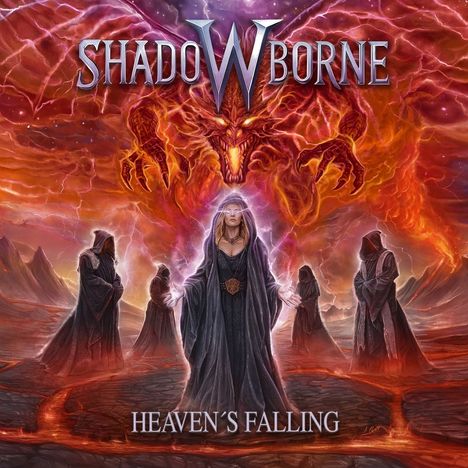 Text: "SHADOWBORNE" und "HEAVEN'S FALLING". Illustration: Magier mit Kapuzen und bedrohlicher, feuriger Drache im Hintergrund.