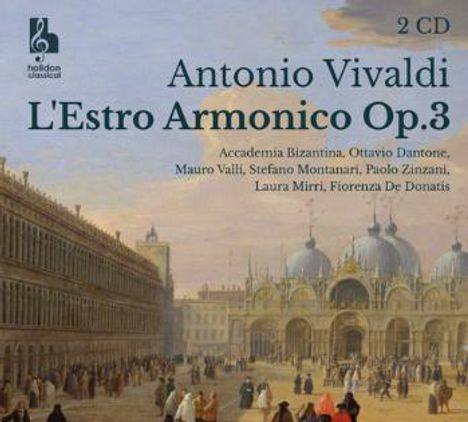 "2 CD Antonio Vivaldi L'Estro Armonico Op.3" steht über einer malerischen Darstellung eines belebten Platzes mit alten Gebäuden.