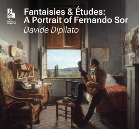 "Fantasies & Études: A Portrait of Fernando Sor", Davide Dipilato. Ein Mann spielt Gitarre in einem gemütlichen Raum.