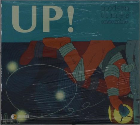 Text: "UP!" und "modern times ensemble". Illustration: Astronaut im Raumanzug mit hellen Lichtern auf blauem Hintergrund.