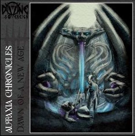 Text: "AUTAXIA CHRONICLES", "DAWN OF A NEW AGE". Illustration: Futuristische Szene mit zentralem Lichtstrahl.