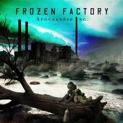 "FROZEN FACTORY Apocalypse Inc." Eine rauchende Fabrik und ein Kind auf einem Baumstamm in einer öden Landschaft.