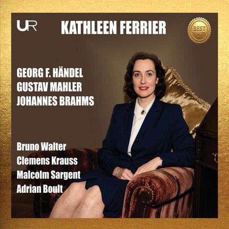 "KATHLEEN FERRIER", "GEORG F. HÄNDEL", "GUSTAV MAHLER", "JOHANNES BRAHMS", "Bruno Walter" sind prominent. Frau in elegantem blauen Kostüm.