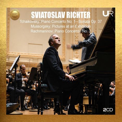 "Sviatoslav Richter," mit Werken von Tschaikovsky, Mussorgsky, Rachmaninov. Ein Pianist im Anzug am Flügel in einem Konzert.