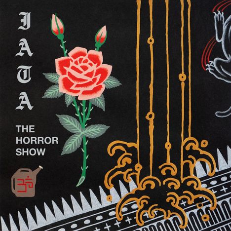 "JATA THE HORROR SHOW", rosa Blume, oranges geometrisches Muster, abstrakte Formen auf schwarzem Hintergrund.