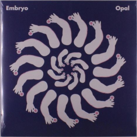"Embryo" oben links, "Opal" oben rechts. Eine Illustration, die spiralförmig angeordnete Arme und Beine zeigt.