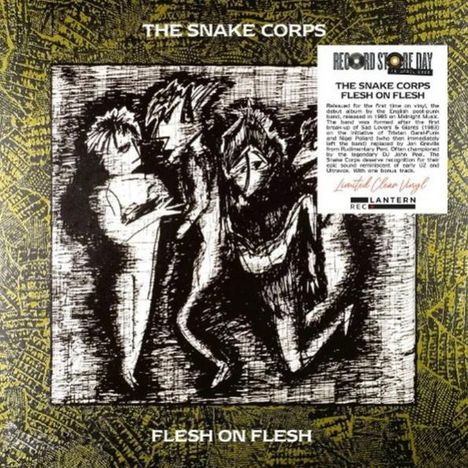 "The Snake Corps", "Flesh on Flesh". Schwarz-weiße Illustration mit stilisierten Personen auf gemustertem Hintergrund.