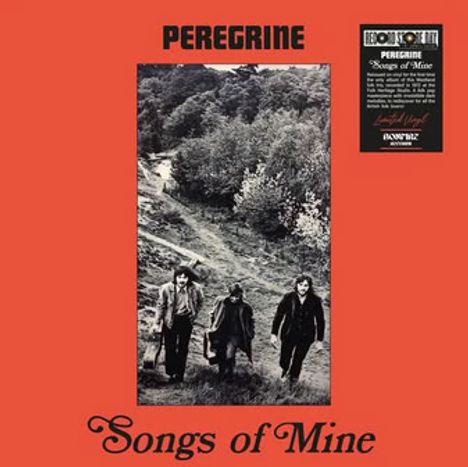 "PEREGRINE" oben, "Songs of Mine" unten. Schwarz-Weiß-Foto von drei Personen auf einem Waldweg. 